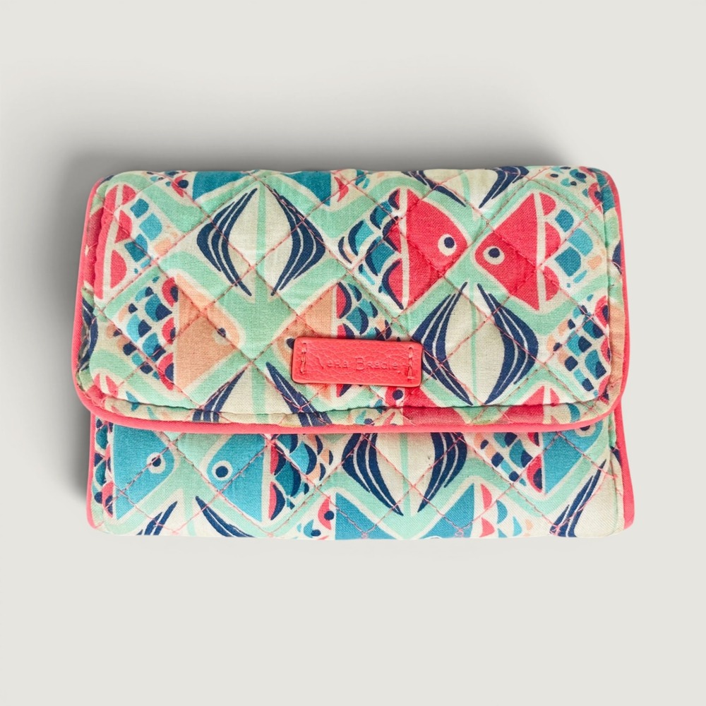 Vera Bradley Go Fish Trifold Wallet Aqua Coral Quilted Cotton Retired Pattern ID